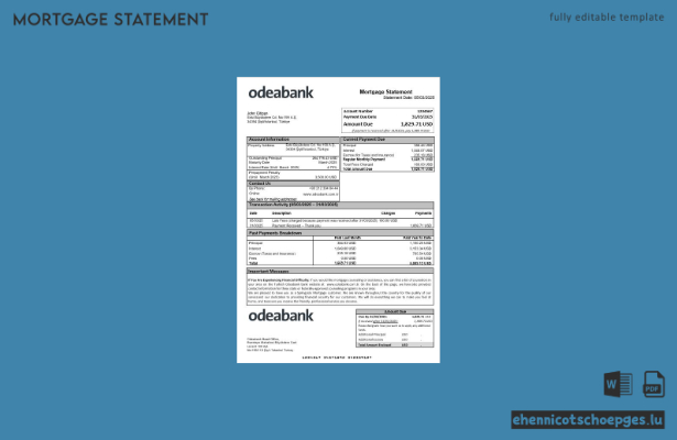 Türkischer Odeabank-Bankhypothekenauszug in Word- und PDF-Formaten – Beispielvorschau